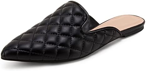 Womens Quilted Pointed Toe Mules Low Heel Loafers Slip On Flats Slide Backless Cut Out Comfortable Shoes Black