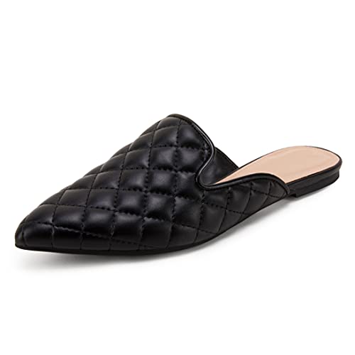 Womens Quilted Pointed Toe Mules Low Heel Loafers Slip On Flats Slide Backless Cut Out Comfortable Shoes Black #TOP28