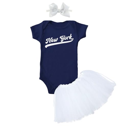 Image of New York - Baseball Jersey Style Script Baby Bodysuit + Tutu Skirt + Bow Headband Set