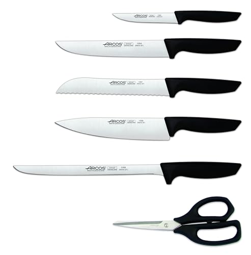 Arcos Juego de Cuchillos de Cocina. 6 piezas con bloque. 5 Cuchillos chef y 1 tijeras Acero Inoxidable. Mango ergonómico polipropileno para cortar carne, pescado y verduras. Serie Niza. Color negro. - imagen 4