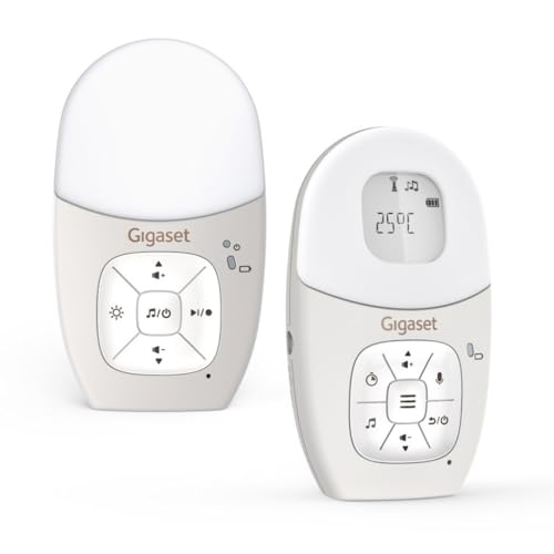 Gigaset BABY 100 Audio–Baby audio con tecnologia DECT–Comunicazione sicura bidirezionale–Portata di 300m-Timer per la pappa-Luce notturna-Indicatore sonoro a 3 livelli, Grigio caldo[Versione Italiana]