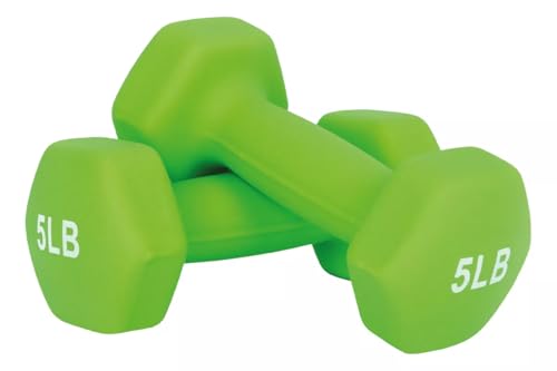 X-RUSH Neoprene Dumbbell 5lbs Hand Weights, Sets of 2 with Multiple Weight Options, Hexagon Non-Slip Weights for Home Gym Yoga Pilates Workout - Green