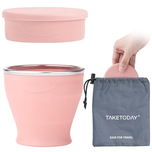 TakeToday Collapsible Travel Cup - Silicone Foldable Water Cup, BPA-Free with Lid & Waterproof Bag - Drinking Cup Set for Camping, Outdoors & International Travel（8 Oz, Lowcountry Peach）