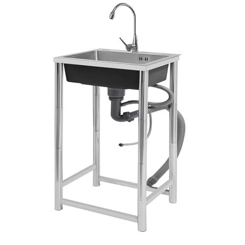 Fregadero Portatil con Grifo, Fregadero Exterior con Tuberías de Agua Fría y Caliente, Ideal para Lavandería, Cocina, Garaje, Sótano, Tienda, Jardín(50x40x75cm/20x16x30in)
