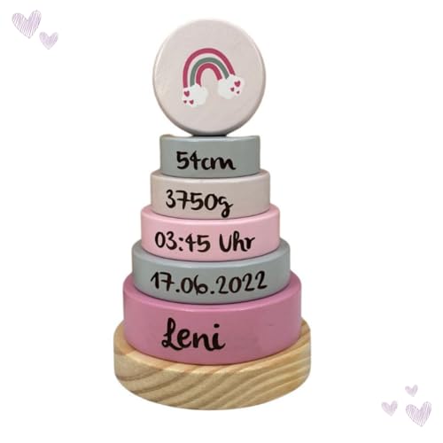 Mainely Cadeau de naissance - Tour empilable arc-en-ciel rose - Cadeau de naissance - Gravure - Tour empilable avec nom et dates de naissance - Cadeaux...