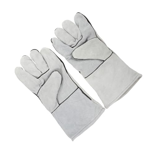 FRCOLOR 1Pair Natural Leather Double Layers Insulated Industry Gloves for Welding Gray and White Special Labor with Breathable Design and