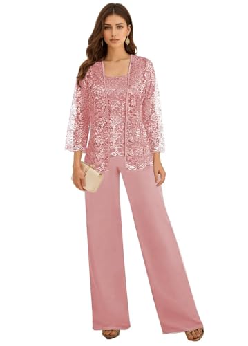 3 Pieces Mother of The Bride Pant Suits for Wedding Long Sleeve Chiffon Lace Formal Outfits for Women 2025 with Jackets3