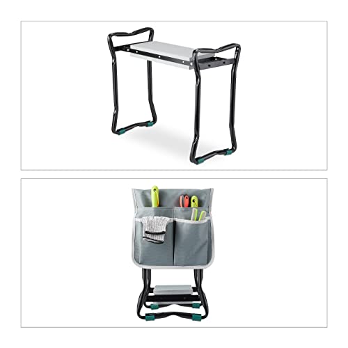 Relaxdays Kniebank für Gartenarbeit, gelenkschonend, klappbar, bis 150kg, gepolsterte Kniehilfe, 2 Taschen, schwarz/grau