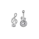 Music Note G Clef Crystal Stud Earrings S925 Sterling Silver Asymmetrical Guitar Cubic Zirconia Small Sleeper Statement Earring Studs Post Dainty Jewelry Gifts for Women Girls Sensitive Ears