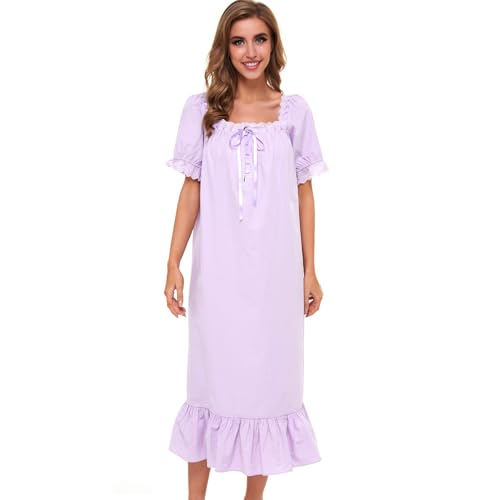Image of Lu's Chic Women's Victorian Nightgown Cotton Sleepwear Long Loungewear Short Sleeve Vintage