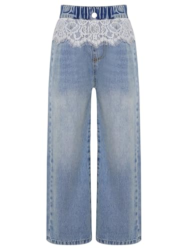 easyforever Kids Girls Wide Leg Jeans Loose Fit Casual Washed Denim Pants Elastic Waist Denim Trousers with Lace Trim3