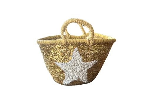 ZocoChic Bolso de Niña con Lentejuelas, Capazo de playa de paja, Mimbre Natural, 20 cm, Artesanal