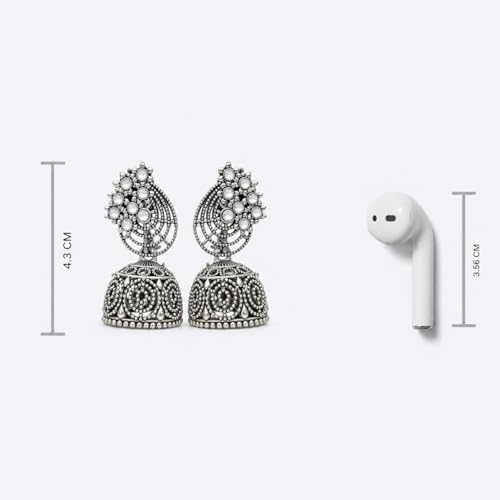 Image of (12 Pair) Oxidised Silver Jhumka Earrings for Women | Stylish Fashion Earrings Combo | Chandbali & Pearl Chandbali Earrings | Traditional South Indian Jhumkas for Girls & Women