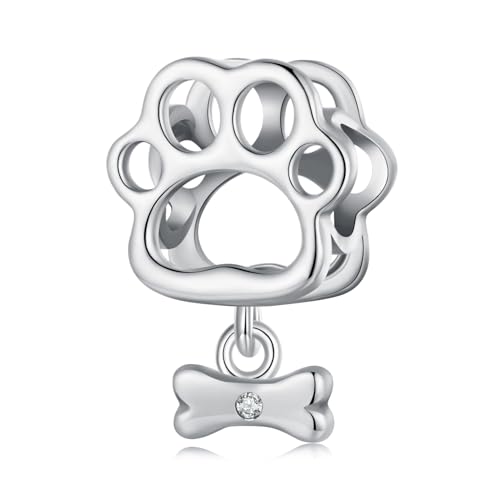 Qings Pata de Gato Charms para Pulsera Plata de ley 925 Lindo Impresión de Pata de Perro Animales Abalorios con Hueso Compatible con Collar para Mujeres Amantes de Animales