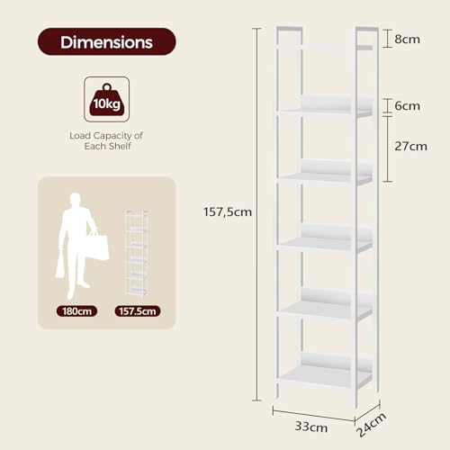 MAHANCRIS Bücherregal, Standregal, Freistehendes Bücherregal, mit 6 Ebenen, 24 x 33 x 157,5 cm, Offene Ablagen für Wohnzimmer, Schlafzimmer, Büro, mit Metallrahmen, Weiß ABKBW6601N1