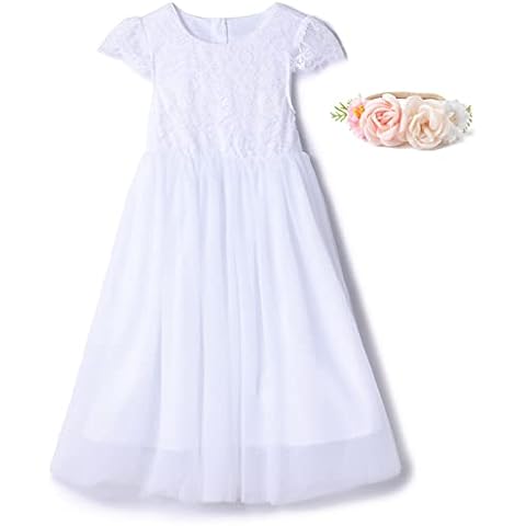 Rysly Girl Lace Long Dress Kids Tulle Tutu Party Princess Dress (White, 110) Cover