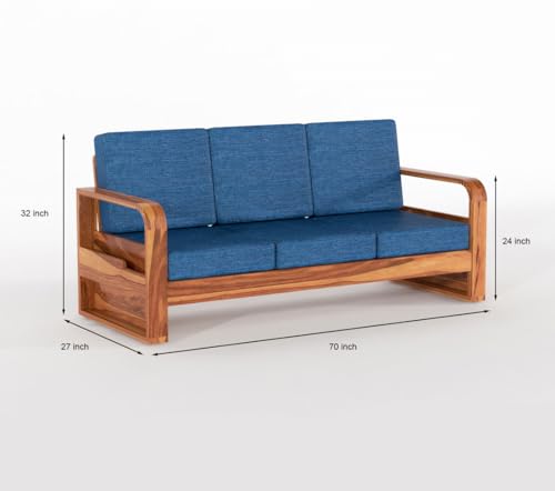 Image of Solid Sheesham Wooden 5 Seater Sofa Set for Living Room | Sofa Set with Side Pocket Storage & Cushion | Rosewood Sofa Set for Home (Honey with Blue Cushion, 5 Seater)