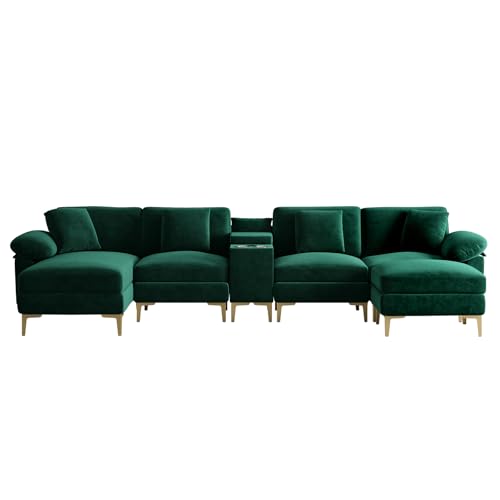 Image of OUYESSIR U-Shaped Sectional Sofa Couch, 4 Seat Sofa Set for Living Room, Convertible U-Shaped Velvet Couch Set with USB Port Central Console Ottoman,128 inches (Emerald Green)
