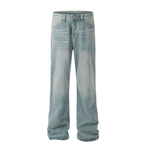 Jeans Pants Trousers Denim Street Trendy Straight Leg Washed Light Blue Retro Loose Casual Commuter for Men