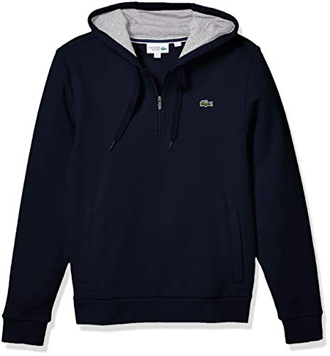 Lacoste Mens Sport Long Sleeve Half Zip Fleece Hoodie Sweatshirt, Navy Blue/Silver Heathered, 3XL