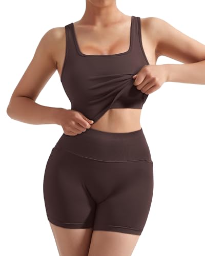 SUUKSESS Women 2 Piece Workout Sets Hidden Scrunch Butt Lifting Biker Shorts Square Neck Tank Tops2