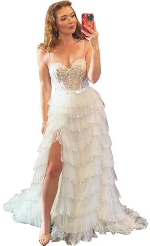 YMFFW White Lace Beaded Prom Dresses Long with Slit 2024 A Line Evening Gowns Tulle Ruffles Formal Party Dress - Main Image
