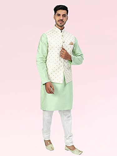 Image of Uri and MacKenzie Men's Silk Blend Regular Kurta Churidar Pyjama with Bundi Nehru Jacket /Waistcoat