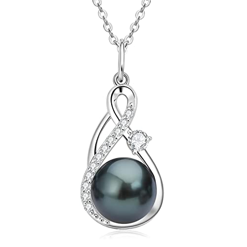DENGGUANG Tahitian Black Pearl Infinity Necklace, Handpicked 10mm Genuine Tahitian Cultured Pearls, With D Color Moissanite, 18+2 inch Adjustable Sterling Silver Chain (White)