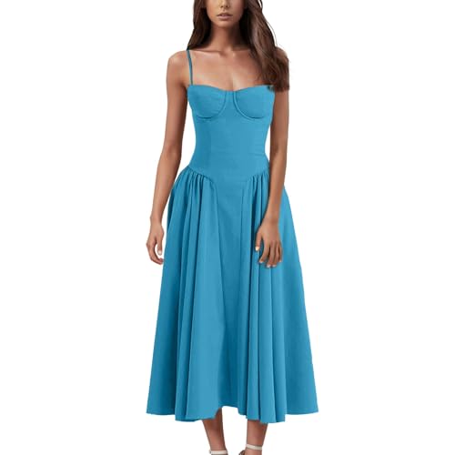 Wickelkleid Damen,Damen-Korsettkleid, Elegant, Spaghettiträger, Bustier, Midi-Kleid, Fließender Plisseesaum, Tiefer Schnitt, Ballkleider Mit...