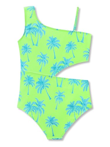 Image of Dvenki Big Girls Asymmetric Cutout Swimsuit Adjustable Straps Sizes 6X-16 | color block, leopard, tropical prints, front lined swimwear, removable pads, suitable for beach, vacation, pool play