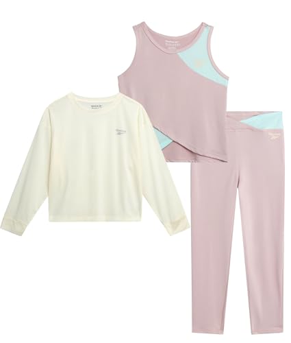 Image of Reebok Girls Leggings Set - 3 Piece Sleeveless Athletic Top Pullover Crewneck Workout Sweatshirt and Girls Yoga Pants