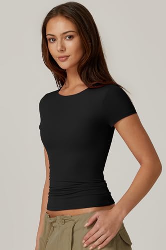 QINSEN Women's Crew Neck Short Sleeve Tees Double Lined Slim Fit T Shirt Basic Y2K Tops3