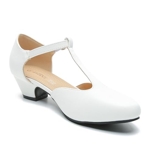 Image of MAIERNISI JESSI Women's T-Strap Mary Jane Pumps, Low Block Heel, Closed Toe, Buckle Ankle Strap