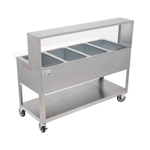 kratos commercial mobile electric steam tablehot food table with overshelf and sneeze guard 4 wells stainless steel nsf 120v 28w-203