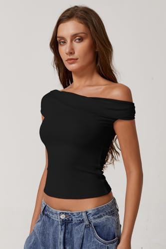 QINSEN Womens Twisted Off The Shoulder Tops Double Lined Short Sleeve T Shirts Slim Fitted Stretchy Tee2