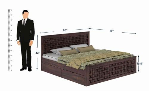 Image of WOODLAB Furniture Sheesham Wood Queen Size Bed with 4 Side Drawer Storage and Headboard | Wooden Double Size Bed Cot Palang for Bedroom Living Room Wooden Double Cot Palang Bed (Walnut Finish)