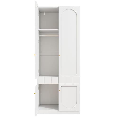 Merax 2er-Set Kleiderschrank für Kinderzimmer – Weißer Lack-Kleiderschrank mit Kleiderstange und Schubladen, Metallgriffe, 160×50×200 cm – Perfekt für kleine Räume und Schlafzimmer