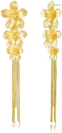 Bold 14K Gold Plated Flower Statement Earrings For Women, Hypoallergenic S925 Silver Posts Floral Drop Dangle Earring Jewelry Gift For Daily or Party Wedding
