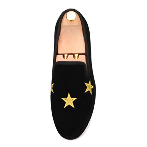 FERUCCI Handmade Men Black Velvet Slippers Flats Loafers with Gold Stars