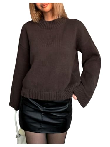 Verdusa Women's Cozy Sweaters Mock Neck Tops Fall Winter Knit Pullovers Coffee Brown Medium
