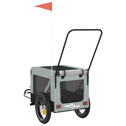 vidaXL Fahrradanhänger Hunde, Hundeanhänger mit Reflektoren Flagge, Hundetransporter Maximale Belastbarkeit 30 kg, Haustier Transportwagen, Grau Schwarz Oxford-Gewebe Eisen