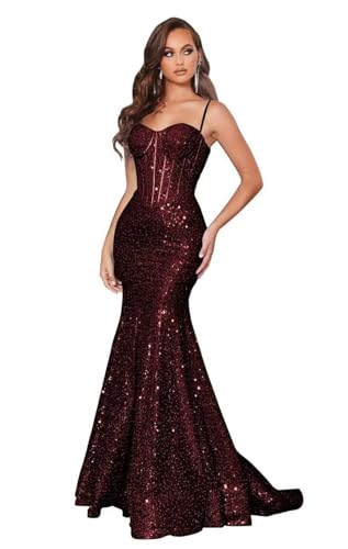 Smileven Women's Mermaid Sequin Prom Dresses Long Spaghetti Straps Sparkly Formal Evening Party Gowns
