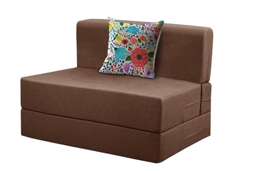 Image of Rosebell-3x6 Feet 1 Seater Foldable Sofa Cum Bed Jute Fabric Sofa Bed with One Cushion | Ideal for Home & Office Guests - Brown