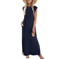 MUMZUGI Robe Longue Femme Ete sans Manches Maxi Robe de Plage Col Rond Robe de Soirée Casual Cocktail, Bleu M