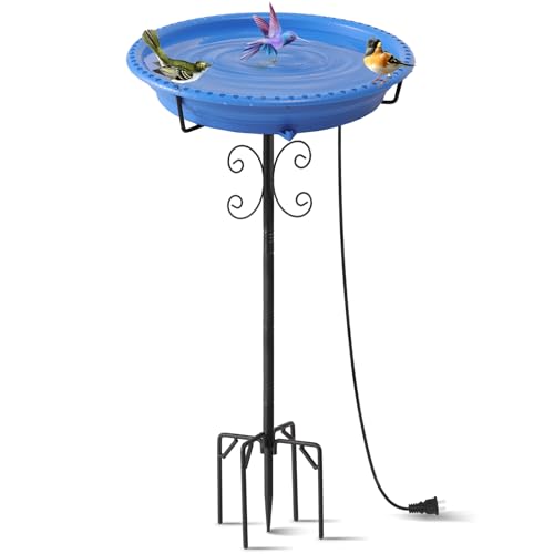 Yiabivo Heated Bird Baths for Outdoors,100W Bird Bath Water Heater Bird Bath Deicer,Heated Bird Bath Thermostat Control Weather Resistance Available with Stable Metal Pole for All Seasons-Blue