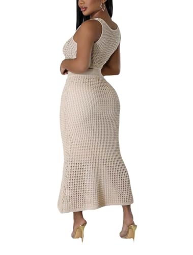 Image of Women Plus Two-Piece Skirt Set Tassel Fishing Net Knittin Hollow Out Off Shoulder Beach Dresses Swimsuit Cover Ups