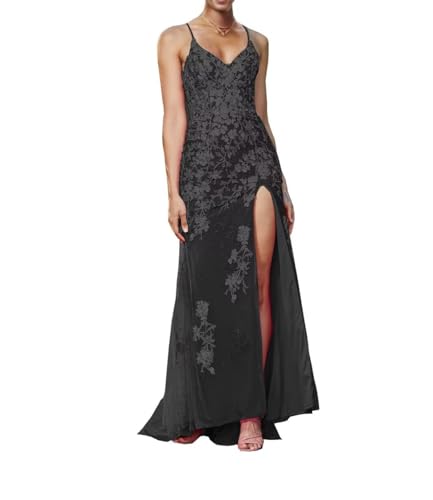 Image of Long Spaghetti Straps Tulle Mermiad Prom Dress V Neck Lace Appliques Formal Dress with Slit SF203