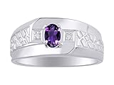 RYLOS Mens Rings Sterling Silver Classic Nugget 6X4MM Oval Gemstone & Genuine Sparkling Diamond Ring Amethyst February Birthstone Rings For Men, Men\'s Rings, Silver Rings, Sizes 8,9,10,11,12,13