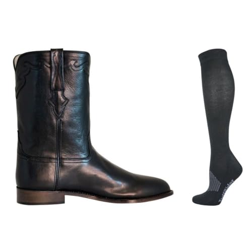 TuffRider Men's El Paso Western Round Toe Boot- Premium Brown Leather- 15 With Free Assorted Striped Socks