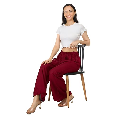 Image of Women's Rayon Palazzo Pants | Solid Color Wide Leg Trousers in 18 Shades | Elastic Waist Casual Bottoms XS-7XL | Comfortable